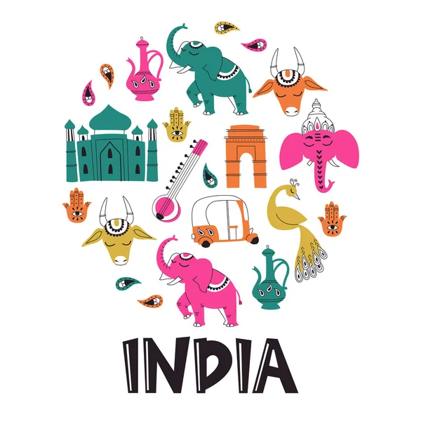 手工绘制的印度涂鸦符号在白色隔离的集合 — 图库矢量图片