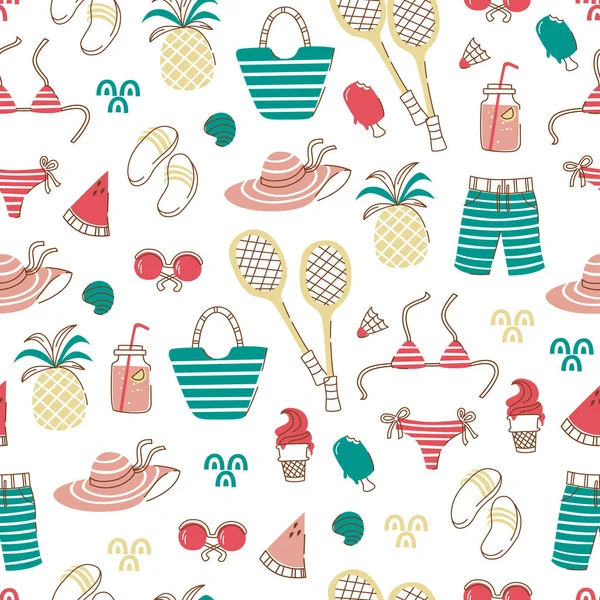Elle çizilmiş plaj öğeleri içeren renkli yaz deseni.