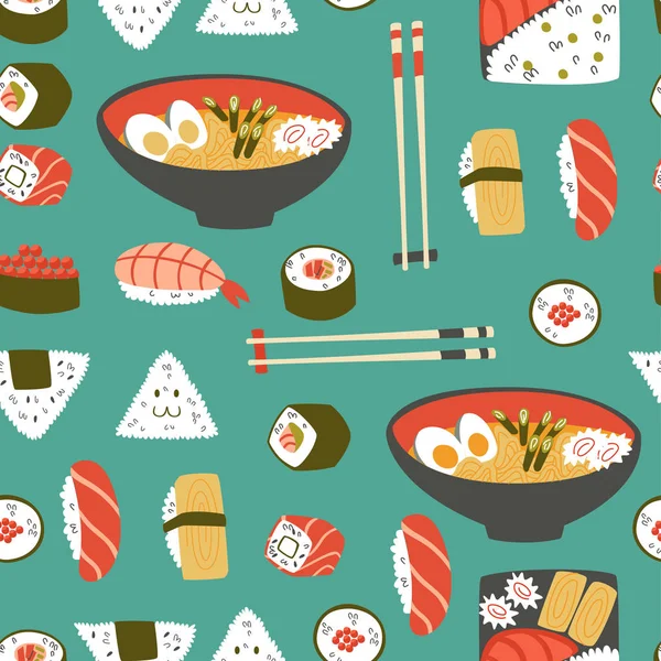 Suşi, Onigiri ve şehriye ile şirin Seamless modeli.