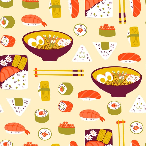 Suşi, Onigiri ve şehriye ile şirin Seamless modeli.