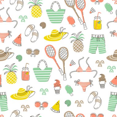 Parmak arası terlik, dondurma, kokteyl, mayo ve diğer plaj desenle.