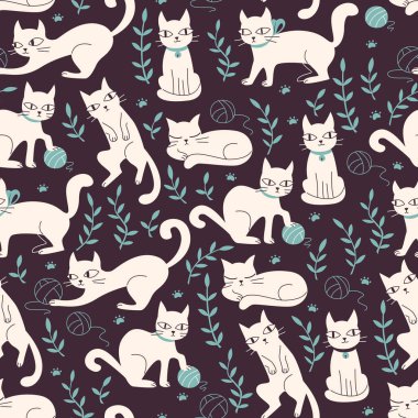 Kediler karalama tarzında şirin, pürüzsüz bir desen. El çizimi vektör illüstrasyonu.