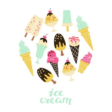 Çizilmiş Doodle dondurma seti. Beyaz arka plan üzerinde vektör çizim.