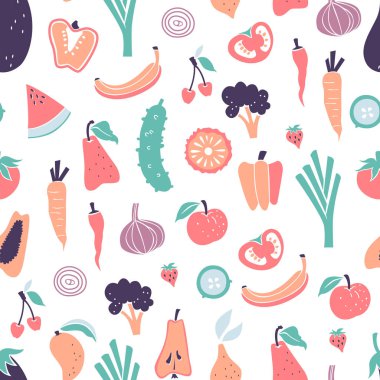 Elle çizilmiş Doodle sebze ve meyve ile Seamless modeli.