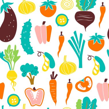 Beyaz arka plan üzerinde elle çizilmiş Doodle sebzeli seamless modeli.