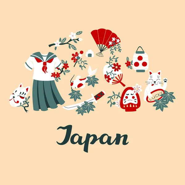 Conjunto Vector Dibujado Mano Japón Iconos Viaje Letras — Vector de stock