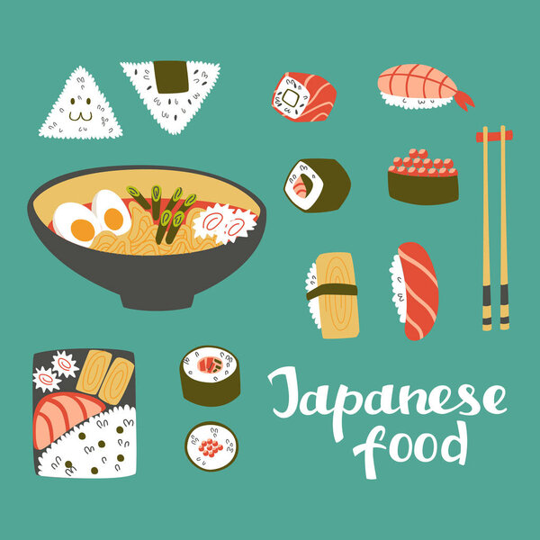 Set of Japanese Cuisine: Sushi, Onigiri and Noodle. 