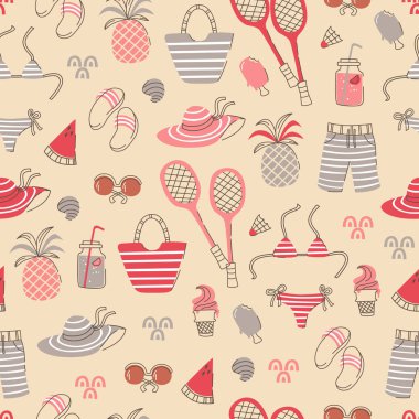Parmak arası terlik, dondurma, kokteyl, mayo ve diğer plaj desenle.