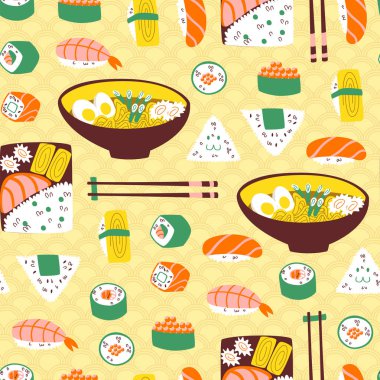 Elle çizilmiş Doodle besin öğeleri ile Asya mutfak kalıbı