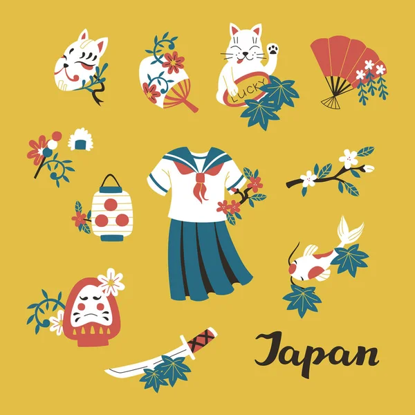 Conjunto Elementos Boceto Doodle Color Japonés Uniforme Escolar Katana Koi — Vector de stock