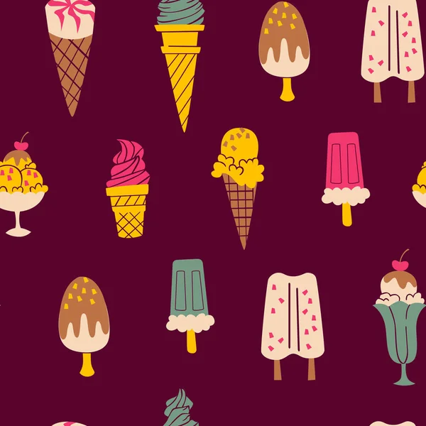 Cute Pattern Hand Drawn Ice Cream Dark Background — Stock Vector