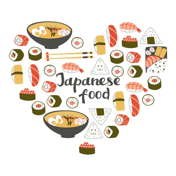 Kalp şekil kümesi Japon mutfağının: Sushi, Onigiri ve şehriye. 