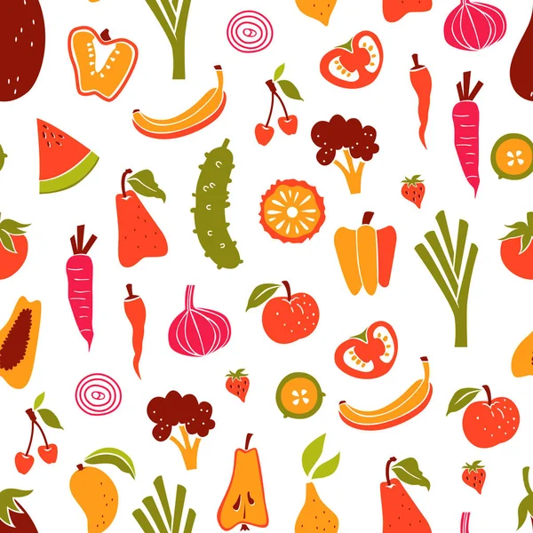 Healthy Food Pattern Vegetarian Hand Drawn Seamless Background — Stock Vector