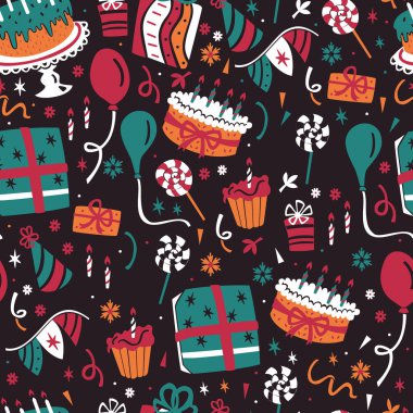 Doğum günü Seamless modeli. Koyu arka plan üzerinde çizilmiş kutlama öğeleri el. 