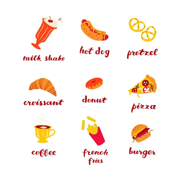 Set Icone Doodle Fast Food Handlettering Isolato Sfondo Bianco — Vettoriale Stock