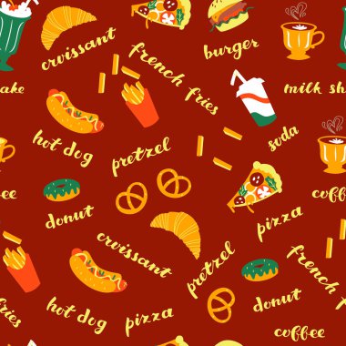 Hot Dog, Pizza, kahve, çörek, Hamburger ve vb ile vektör desen.
