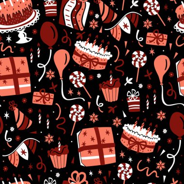 Doğum günü Seamless modeli. Koyu arka plan üzerinde çizilmiş kutlama öğeleri el. 