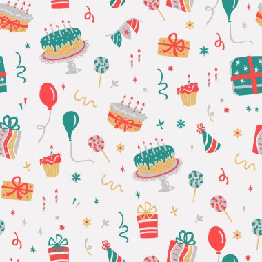 Hediyeler, balon, konfeti ve kek ile Seamless modeli.