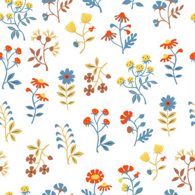 Elle çizilmiş vektör sorunsuz çiçek desenli çiçek ve yaprakları Doodle tarzı ile.