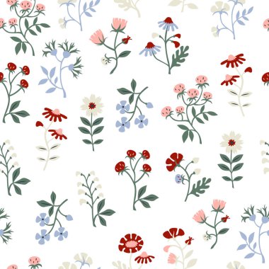 Elle çizilmiş vektör sorunsuz çiçek desenli çiçek ve yaprakları Doodle tarzı ile.