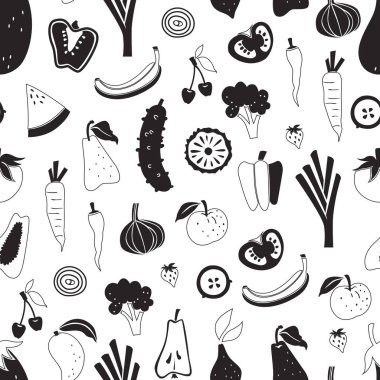 Elle çizilmiş Doodle sebze ve meyve ile Seamless modeli.