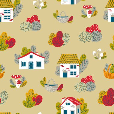 Dikişsiz el ev ve ağaçları ile çizilmiş desen. Manzara deseni.