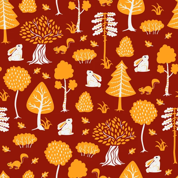 Autumn Seamless Pattern Cute Hand Drawn Animals Trees — Stock Vector