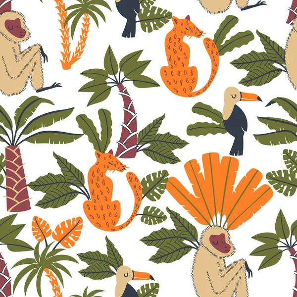 Sevimli hayvanlar - leopar, maymun ve Toucan Doodle tarzı ile Dikişsiz tropikal desen.