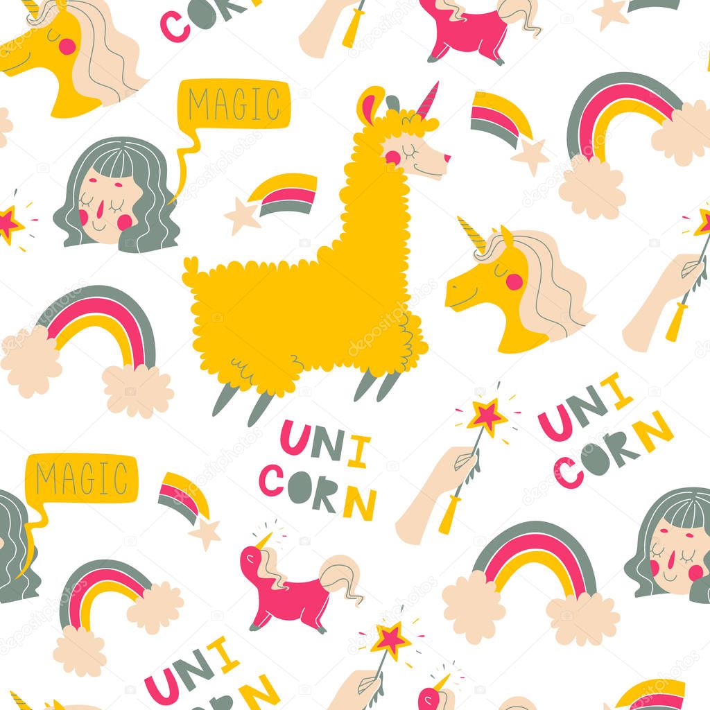 Seamless Pattern with Cute Unicorns, Clouds, Rainbow, Stars and etc