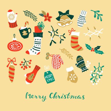 Elle çizilmiş Noel öğeleri kümesi. Vektör çizim.
