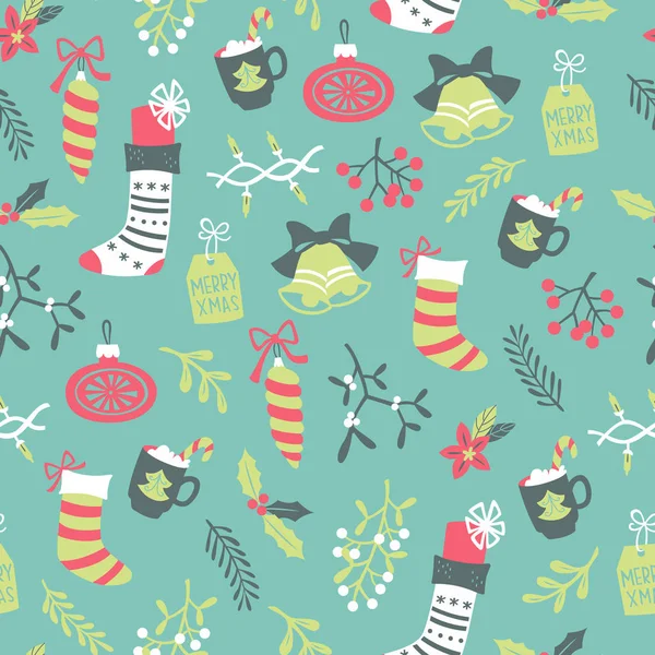 无缝的冬季圣诞袜子图案 圣诞矢量涂鸦插图 — 图库矢量图片