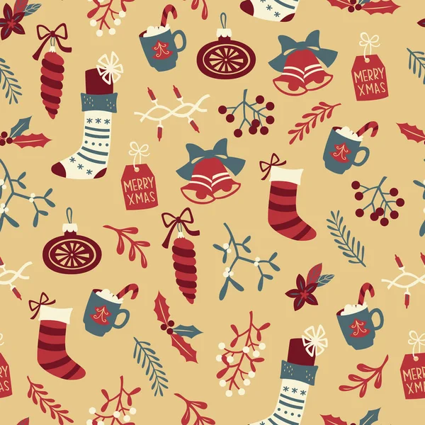 冬季无缝向量模式与浆果和圣诞袜子在涂鸦风格 — 图库矢量图片