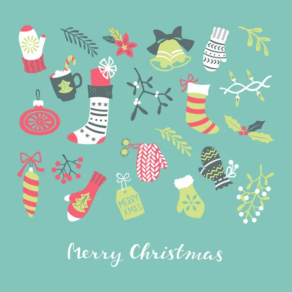 Elle çizilmiş Noel öğeleri kümesi. Vektör çizim.