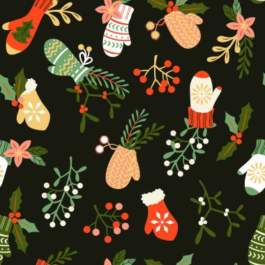 Elle çizilmiş Noel desenle Mittens ve ökseotu Doodle tarzı.