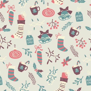 Sorunsuz kış Noel desen çorap. Noel vektör Doodle çizim. 