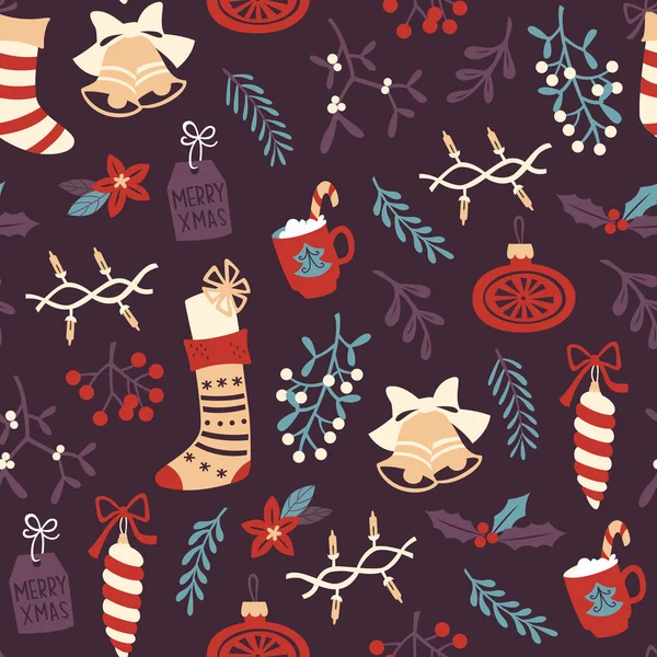 Sorunsuz Kış Noel Desen Çorap Noel Vektör Doodle Çizim — Stok Vektör