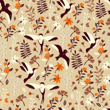 Kuşlar Doodle tarzı ile şirin Seamless modeli. Çizilmiş vektör çizim el.