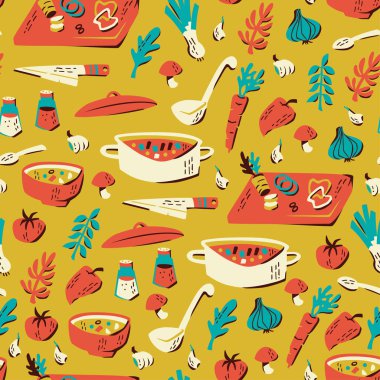 Elle çizilmiş sebze çorbası Seamless Modeli doodle. Vektör çizim.