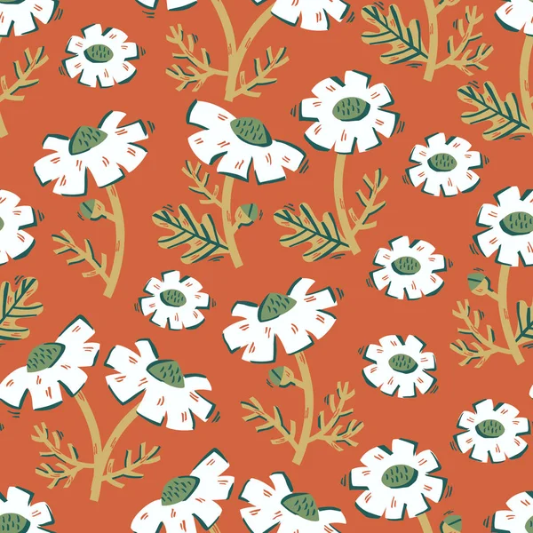 シームレスのカラフルな花柄の花と葉 手描きの背景イラスト — ストックベクタ