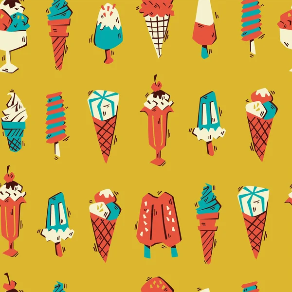 Nice Hand Drawn Doodle Ice Cream Pattern Seamless Vector Background — Stock Vector