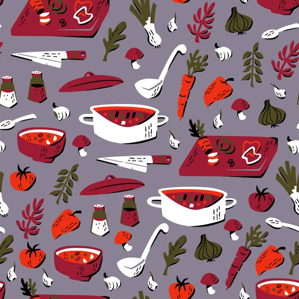 Doodle Χέρι Σούπα Λαχανικών Χωρίς Ραφή Πρότυπο Εικονογράφηση Διάνυσμα — Διανυσματικό Αρχείο