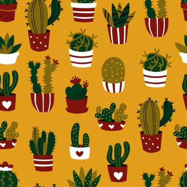 Kaktüs ve Succulents Seamless modeli. Vektör Doodle çizim.