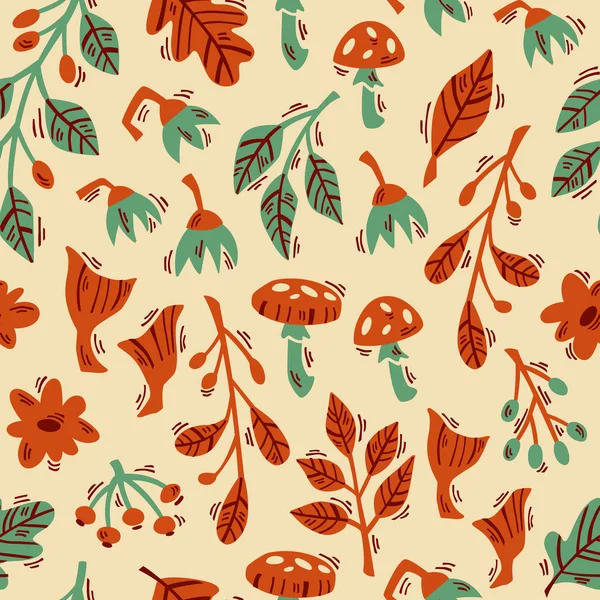 Patrón de bosque sin costura vectorial dibujado a mano con plantas abstractas, hongos y flores . — Vector de stock