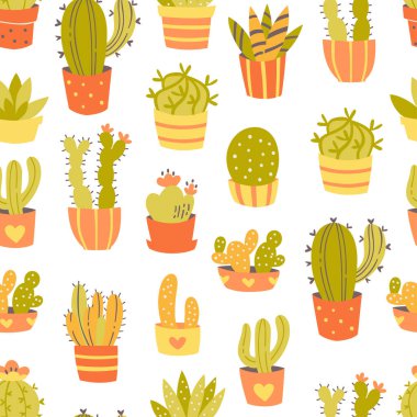 Beyaz Arka Plan Üzerinde Tencereel Çizilmiş Kaktüs Dikişsiz Desen