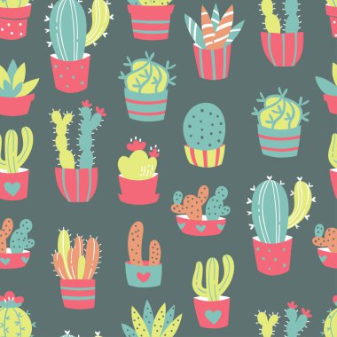 Karanlık Arka Plan üzerinde El Çizilmiş Kaktüs ve Sulu Su Ların Dikişsiz Desen. 