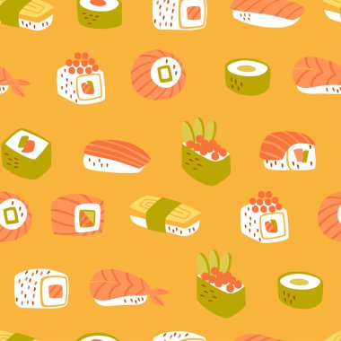 Farklı Suşi ve Rulo Çeşitleri ile Vektör Dikişsiz Desen.
