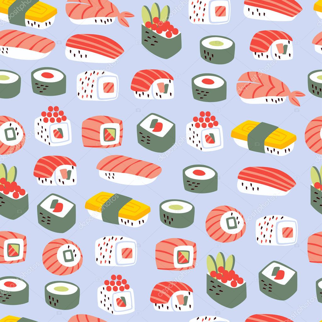 Sushi and Rolls Seamless Pattern. Japanese Food Background. 