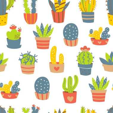 Beyaz Arka Plan Üzerinde Tencereel Çizilmiş Kaktüs Dikişsiz Desen.