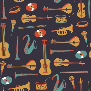 Müzik Sembolleri ve enstrümanları ile Dikişsiz Desen. Vektör Karalama Elemanları. 