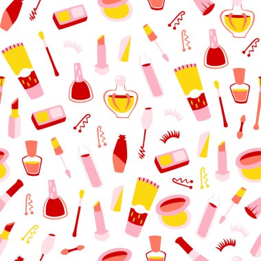 Beyaz Arka Planda Elle Çizilmiş Kozmetiklerle Dikişsiz Desen